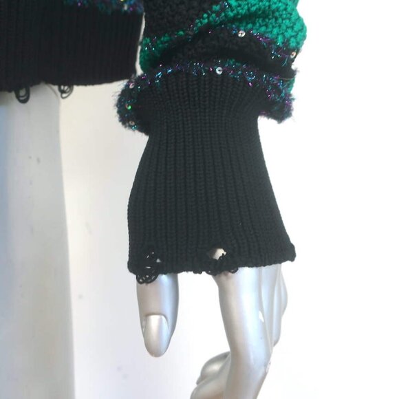 Balmain Sequin-Embellished Striped Distressed Knit Cardigan Green/Black Size 42 - Picture 5 of 9